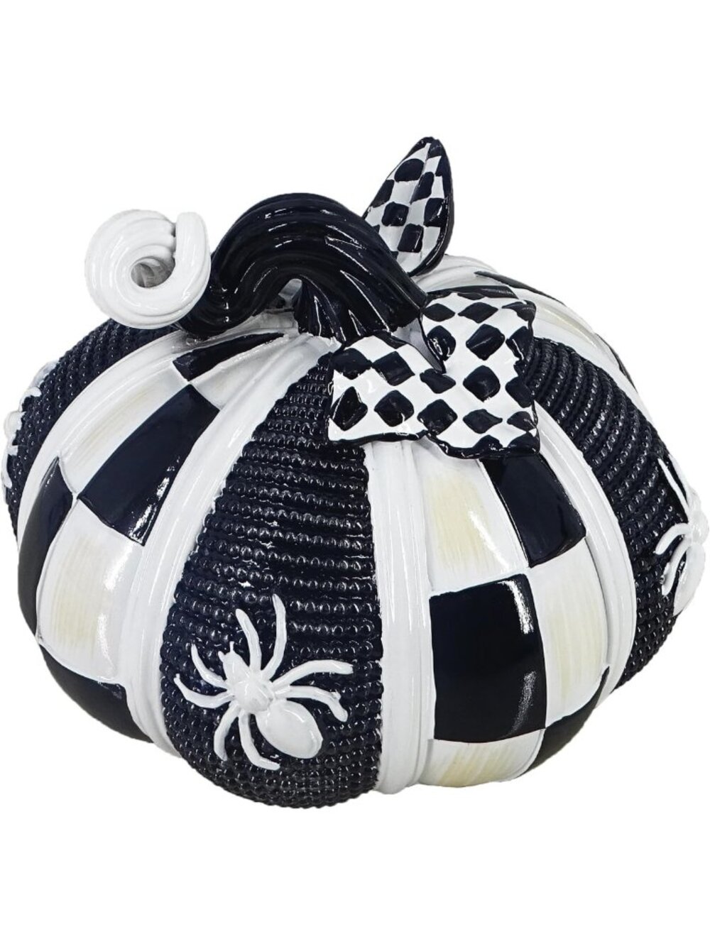 8-Inch Black & White Polka Dot Pumpkin Statue - Festive Halloween Decor